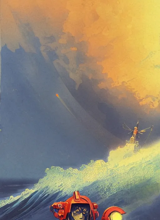 Prompt: vintage anime cinematic robot warrior with helmet emerging from moonlit tsunami wave by Ivan Aivazovsky, watercolor concept art by Syd Mead, by william herbert dunton, watercolor strokes, japanese woodblock, by Jean Giraud