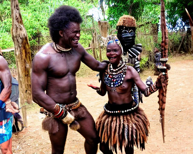 Image similar to zulu tribal warrior made out of teeth with a friendly american tourist. the tourist is in a cage.