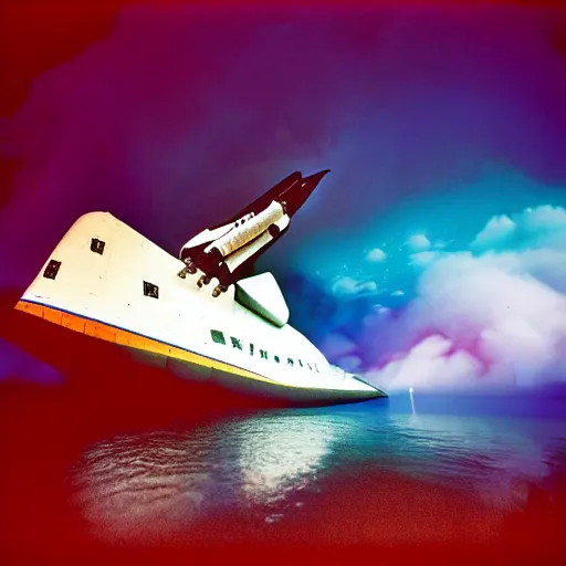 Prompt: dreamlike film photography of a 1800s wooden space shuttle at night underwater in front of colourful underwater clouds by Kim Keever. In the foreground floats a seasnake. low shutter speed, 35mm