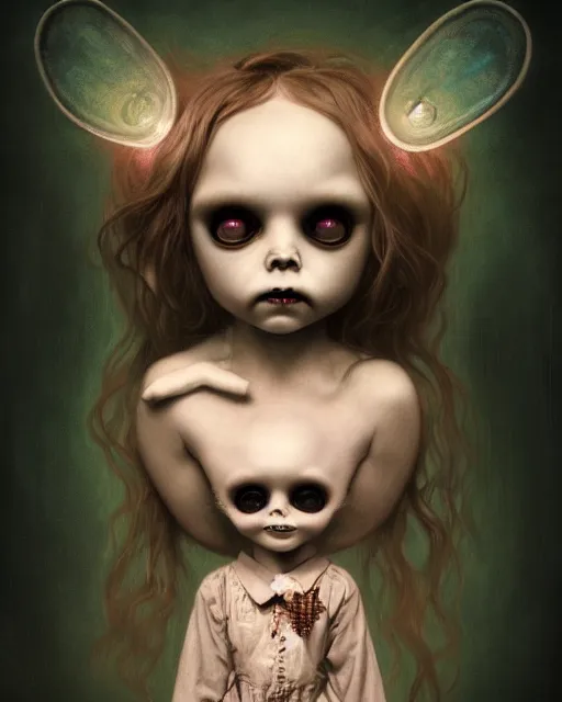 Image similar to one singular portrait of a cute bioluminescent creepy doll, post grunge, highly detailed, digital painting, cinematic, hyper realism, dark retrowave, art by mark ryden and pixar and artgerm and magali villeneuve and alphonse mucha, artstation, octane render, cgsociety