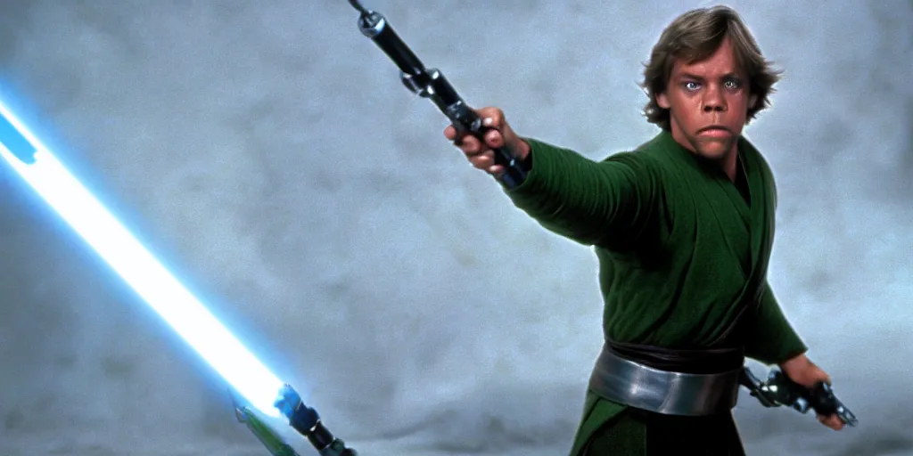 Prompt: Luke Skywalker Return of the jedi played by Mark Hamill 1983, standing alone, full body shot, motion blur, sequel trilogy 80s, green lightsaber, heroic pose, ultra realistic, 4K, movie still, UHD, sharp, detailed, cinematic, render, modern