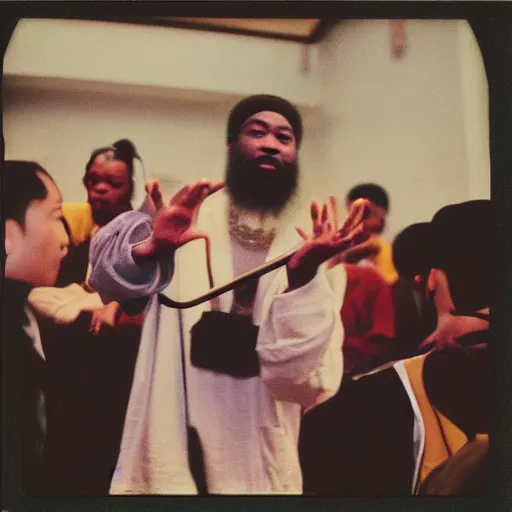 Prompt: Confucius at a rap battle, 90s polaroid, by Saul Leiter, Jamel Shabazz, Nan Goldin