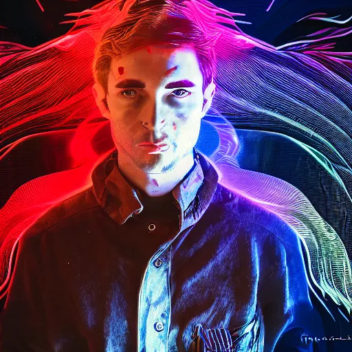 Image similar to psychedelic fantasy male portrait, caucasian, brown hair with red and blue highlights, in a cinematic wallpaper, glitch effects, dissolve effects, noise, halo / nimbus, devils horns, angel wings, raven wings, hdr 8 k dop dof