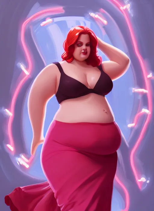 Image similar to full body portrait of teenage cheryl blossom, obese, bangs, sultry, realistic, red hair, sultry smirk, wavy hair, pink skirt, fat, obese, intricate, elegant, glowing lights, highly detailed, digital painting, artstation, concept art, smooth, sharp focus, illustration, art by wlop, mars ravelo and greg rutkowski