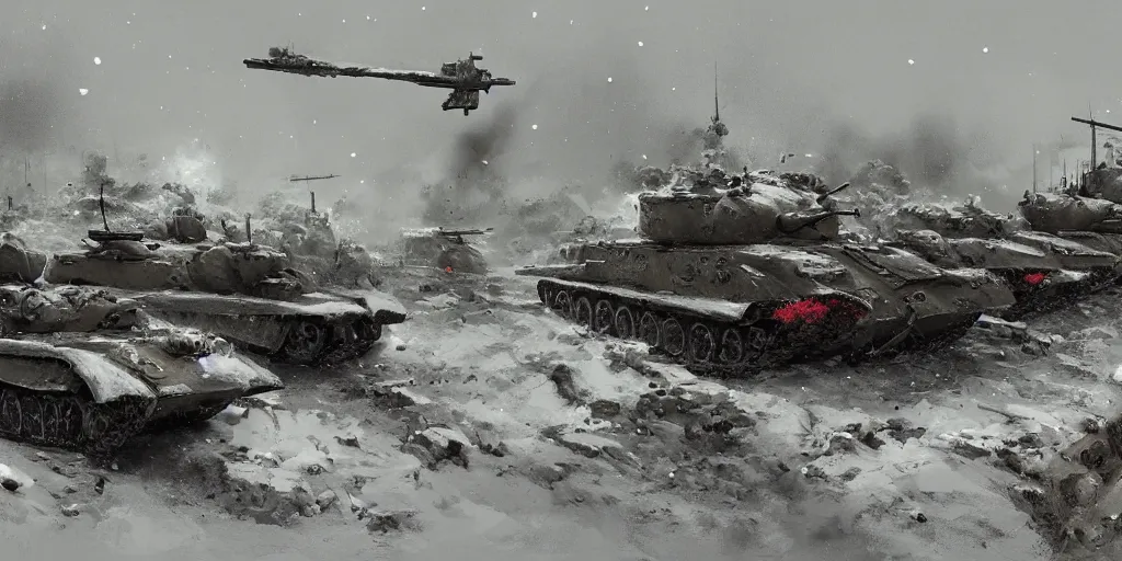 Image similar to World War 2 scene in winter, german and soviet soldiers, german and soviet tanks firing, some tanks destroyed, explosions, blizzard, brutal, dark, concept art, jakub rozalski