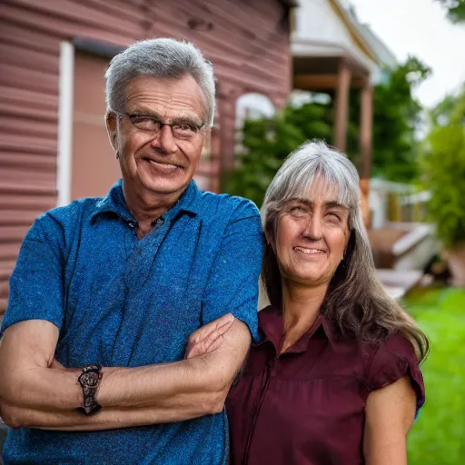 Image similar to a man and a woman around 3 0 years are standing in the backyard of a downtown home. focus on faces, realistic colors, detailed photo 8 k