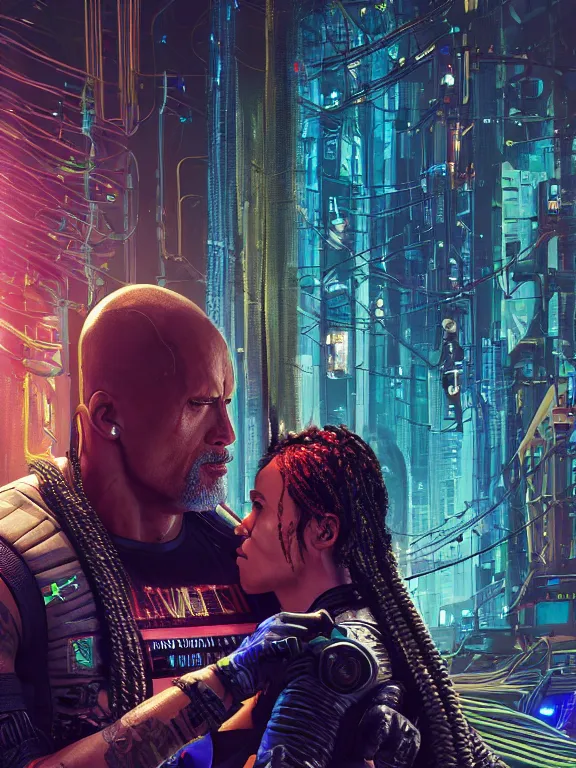 Image similar to a cyberpunk 2077 portrait of Dwayne Johnson kiss a female android complex mess of cables and wires behind them connected to giant computer, love,film lighting, by laurie greasley,Lawrence Alma-Tadema,William Morris,Dan Mumford, trending on atrstation, full of color, highly detailed,8K, octane, Digital painting,golden ratio,cinematic lighting