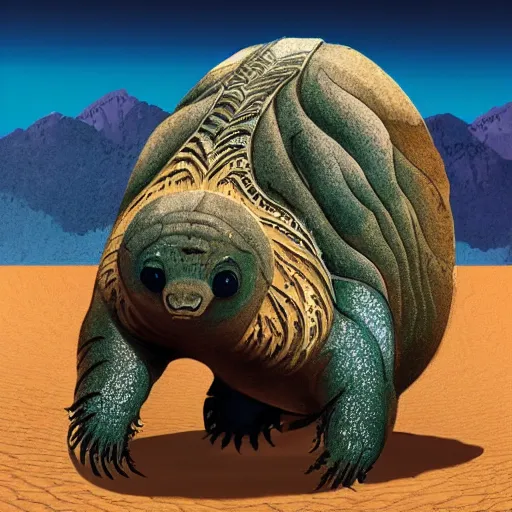 Image similar to collage art representing a Kaiju shaped like a water bear in a desert