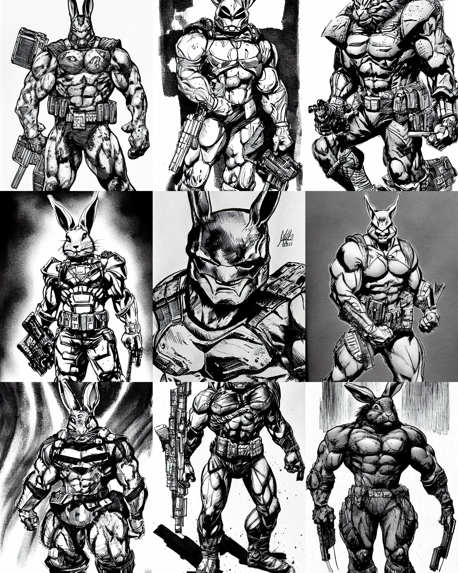 Prompt: rabbit!!! jim lee!!! medium shot!! flat grayscale ink sketch by jim lee close up in the style of jim lee, dramatic pose swat soldier armor borderlands hulk rabbit animal by jim lee