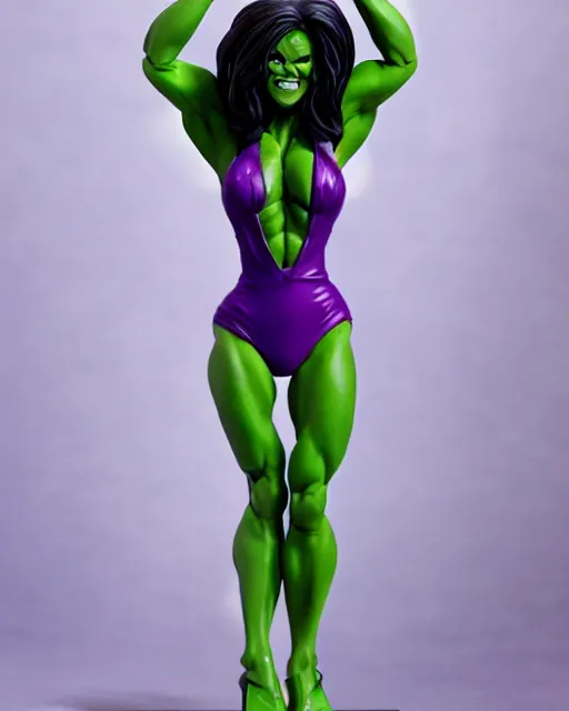 Image similar to maquette sculpture of the gorgeous she hulk, she is wearing a purple one piece swimsuit, she is tall, very fit and extremely muscular, she has green skin all over her body, long black shiny hair, hyperreal, highly detailed, in the style of sideshow collectibles, soft focus, bokeh