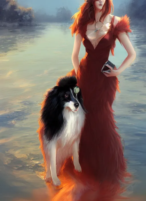 Image similar to wide angle beautiful full body portrait of a strong male anthropomorphic anthro border collie fursona in an evening gown by a lake at night, character design by charlie bowater, henry asencio, and ross tran, detailed, aesthetic, trending on artstation, furaffinity