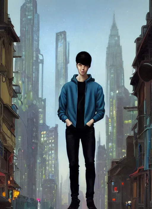 Image similar to handsome young man with short black hair, glowing light blue eyes, pale skin, wearing jeans and a black hoodie, detailed night time cityscape background, realistic painting by ross tran and gerald brom and alphonse mucha, ilya kuvshinov, svetlana tigai, artgerm, trending on artstation