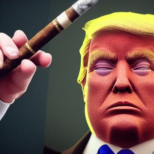 Image similar to a high quality photo of donald trump smoking a cigar, 3d scene, render, ultra realistic, artstation, cgsociety