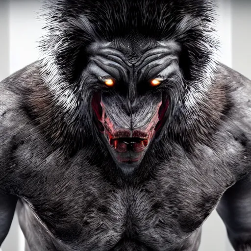 Image similar to man transforming into a werewolf with black realistic fur, ultra detail, unreal engine, 8 k