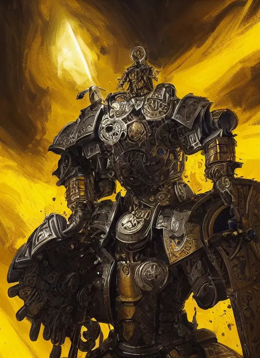 Image similar to dynamic portrait of a intricate glorious holy mechanical warforged character in yellow armor holding a paladin engraved great longsword and carrying a big paladin shield, spotlight from face , epic , trending on ArtStation, masterpiece, cinematic lighting, by Jesper Ejsing and by Yoann Lossel and by John Salminen and by Jackson Pollock and by Marc Simonetti