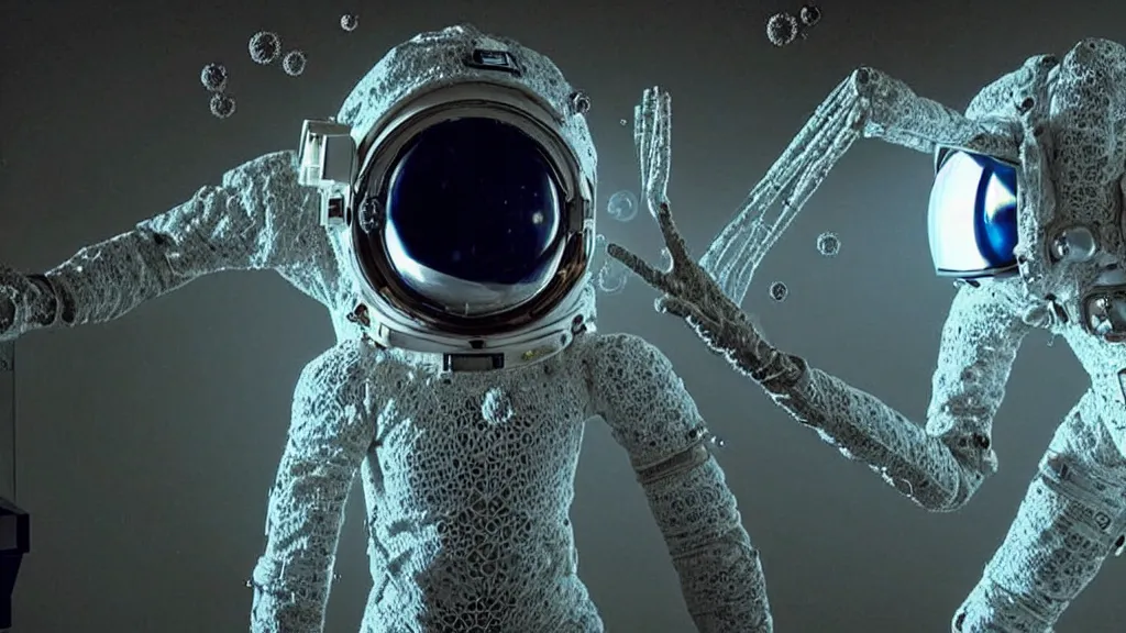 Image similar to a single astronaut eva suit made of diamond 3d fractal lace iridescent bubble 3d skin and covered with insectoid compound eye camera lenses floats through the living room, film still from the movie directed by Denis Villeneuve with art direction by Salvador Dalí, wide lens,