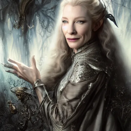 Prompt: portrait of mischievous, dangerous Cate Blanchett's Galadriel as a queen of elves, dressed in a beautiful silver dress. The background is a dark, creepy eastern europen forrest. night, horroristic shadows, high contrasts, lumnious, theatrical, character concept art by ruan jia, thomas kinkade, and J.Dickenson, trending on Artstation