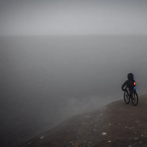 Image similar to a scene from a fever dream, bicycling on a rocky path in first person view, go-pro camera view, entering the scary murky ocean!! Fog! Ultra realistic! 25mm f/1.7 ASPH Lens!