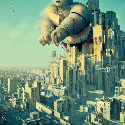 Prompt: a giant woman destroying a city, in the style of Beeple, 4k,