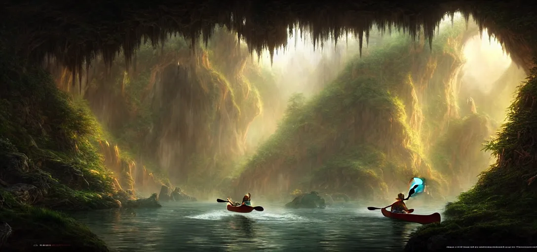 Image similar to video game concept art matte painting of elves canoeing through the glow worm caves in the style of stefan kostic, realistic, sharp focus, 8 k high definition, insanely detailed, intricate, mysterious, art by stanley lau and artgerm and luis royo