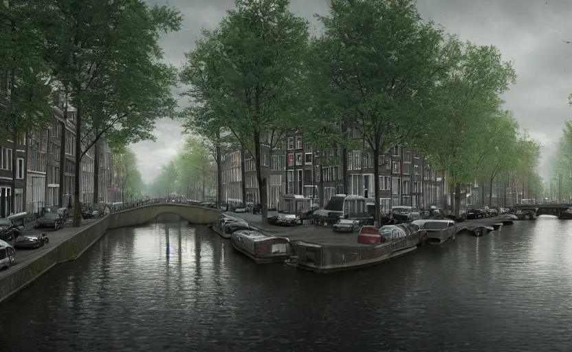 Prompt: amsterdam reclaimed by nature, a photorealistic painting by gregory crewdson, cgsociety, playstation 5 screenshot, matte painting, cryengine