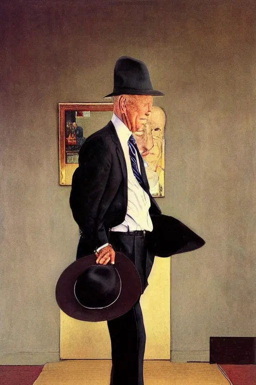 Image similar to “portrait of Joe Biden, impeccably dressed, wearing trilby hat, by norman Rockwell”