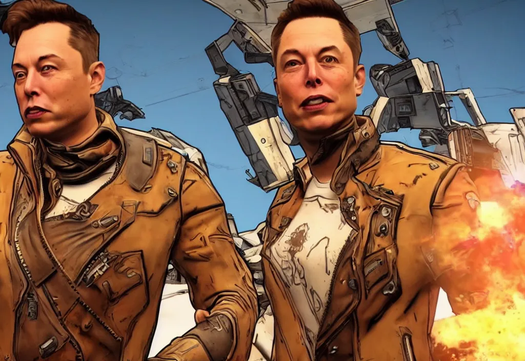 Image similar to elon musk in borderlands elon musk in the video game borderlands, gameplay screenshot, close up, 3 d rendering. unreal engine. amazing likeness. very detailed.