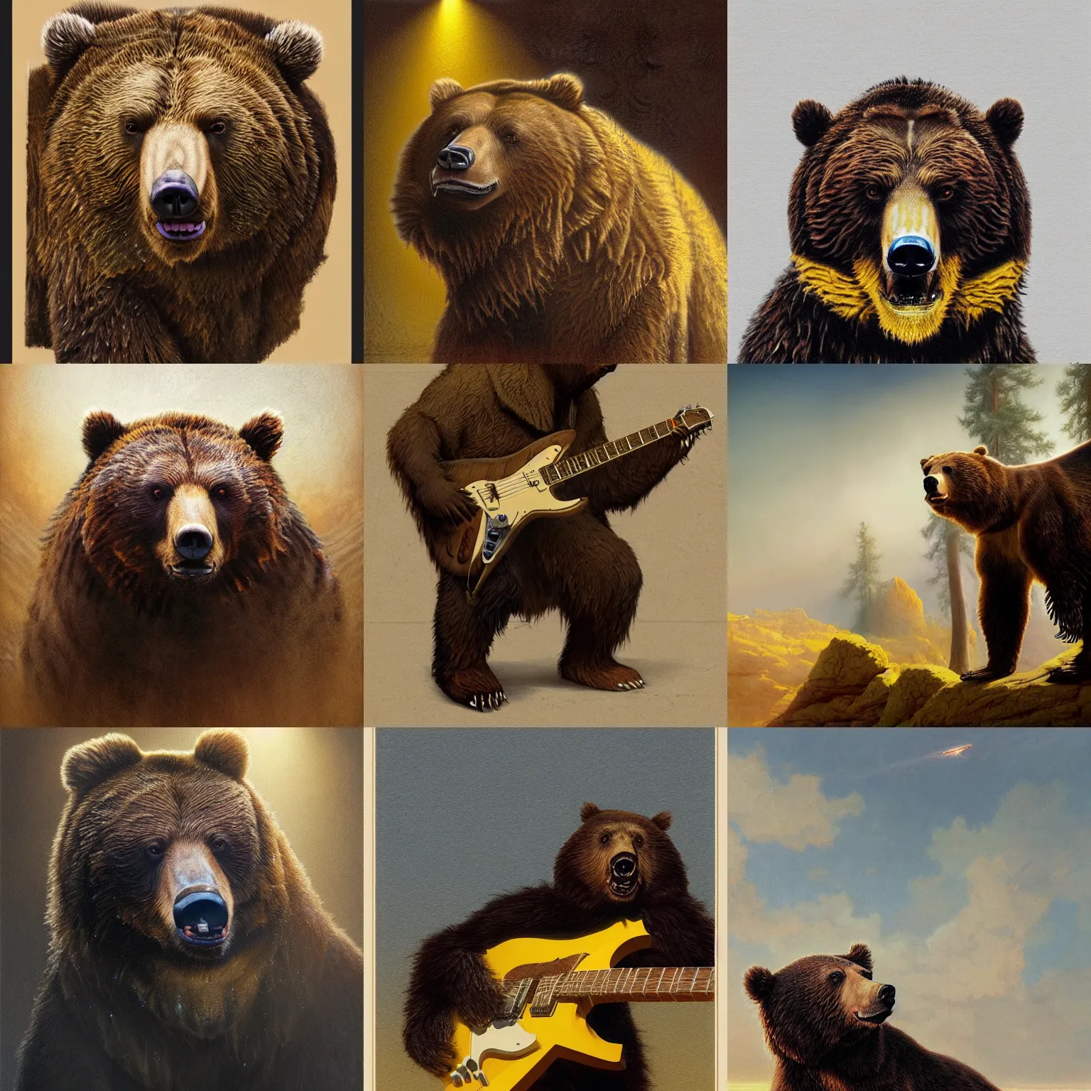 Prompt: Realistic brown bear as Lenny Kravitz playing yellow triangular guitar, by Antonio Caparo and Ferdinand Knab and Greg Rutkowski UHD photorealistic trending on artstation