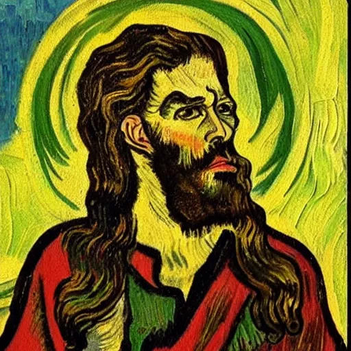 Image similar to jesus with devil spreads his hands against the background of growing cannabis. an oil painting in the style of van gogh