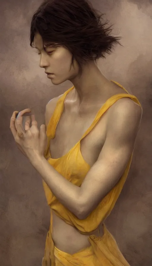 Image similar to epic masterpiece sadness, drama, sweaty skin, hyperrealistic, expressive, emotional, moody, back light, keylight, professional photography, octane render, cinematic, beautiful face and flawless skin, perfect hands, 5 fingers, yellow by Edgar Maxence and Ross Tran and Michael Whelan and Lorenzo Sperlonga, Brom, Legends of Runeterra