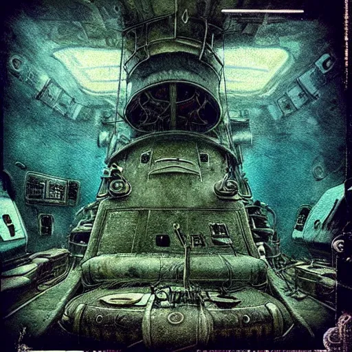 Prompt: shipwrecked soviet submarine interior, polaroid, cinematic Eastman 5384 film, dark fantasy, intricate, smooth, artstation