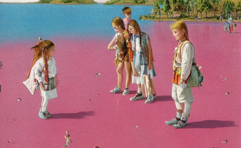 Image similar to kids wearing a codex seraphinianus costume in a pink lake h 1 2 0 0