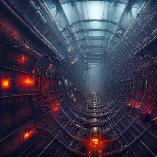 Image similar to futuristic dystopian endless, intricate, complex, labyrinthine, byzantine, tangled, industrial megafactory complex, smokestacks, pipelines and ducts and vents, matte painting, steampunk, smoke, night, gloomy, dark, dramatic, cinematic, volumetric lighting, gods eye view