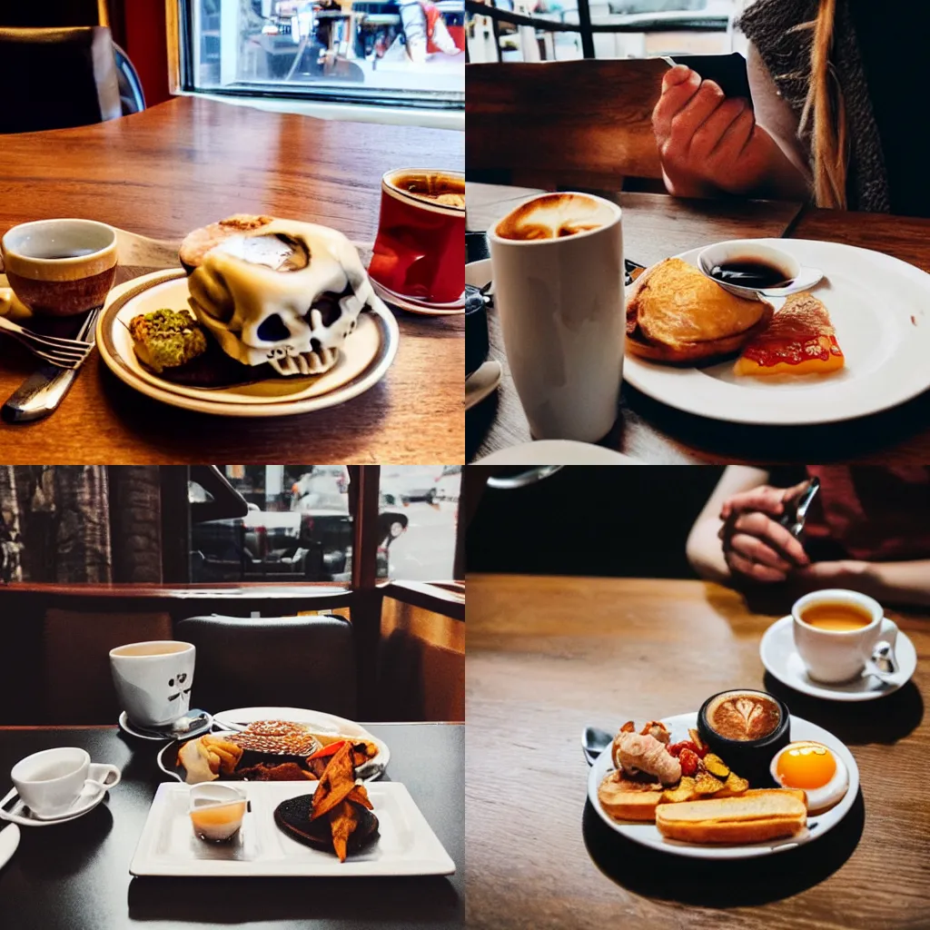 Prompt: a skeleton sitting at a humble cafe eating a full english breakfast with a cup of tea, artsy photography