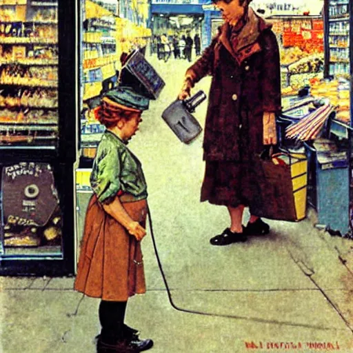 Prompt: A woman using a walkie talkie in the market , art by Norman Rockwell