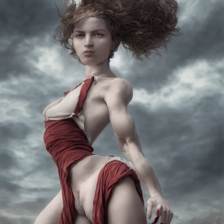 Image similar to a beautiful Cotton Mill Girl, symmetrical, perfect body and face, centered, dramatic angle, ornate, details, smooth, sharp focus, illustration, realistic, cinematic, artstation, award winning, rgb , unreal engine, octane render, cinematic light, macro, depth of field, blur, red light and clouds from the back, highly detailed epic cinematic concept art CG render made in Maya, Blender and Photoshop, octane render, excellent composition, dynamic dramatic cinematic lighting, aesthetic, very inspirational, arthouse by Henri Cartier Bresson