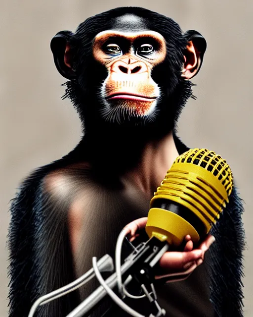 Image similar to a portrait of an anthropomorphic rockstar chimp singing into a microphone on a stand by sandra chevrier, by jon foster, detailed render, tape deck, epic composition, cybernetics, 4 k realistic, cryengine, realistic shaded lighting, sharp focus, masterpiece, by enki bilal