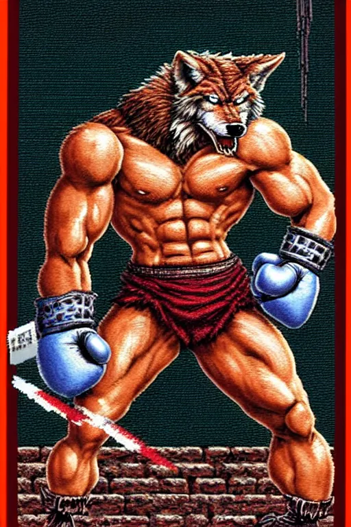 Image similar to extreme long shot. 8 bit nes graphics. antropomorphic muscular masculine wolf. kickboxer fighter, in shorts. wolf head. fine details, very sharp, art from nes game cartridge, marc simonetti and hermann nitsch