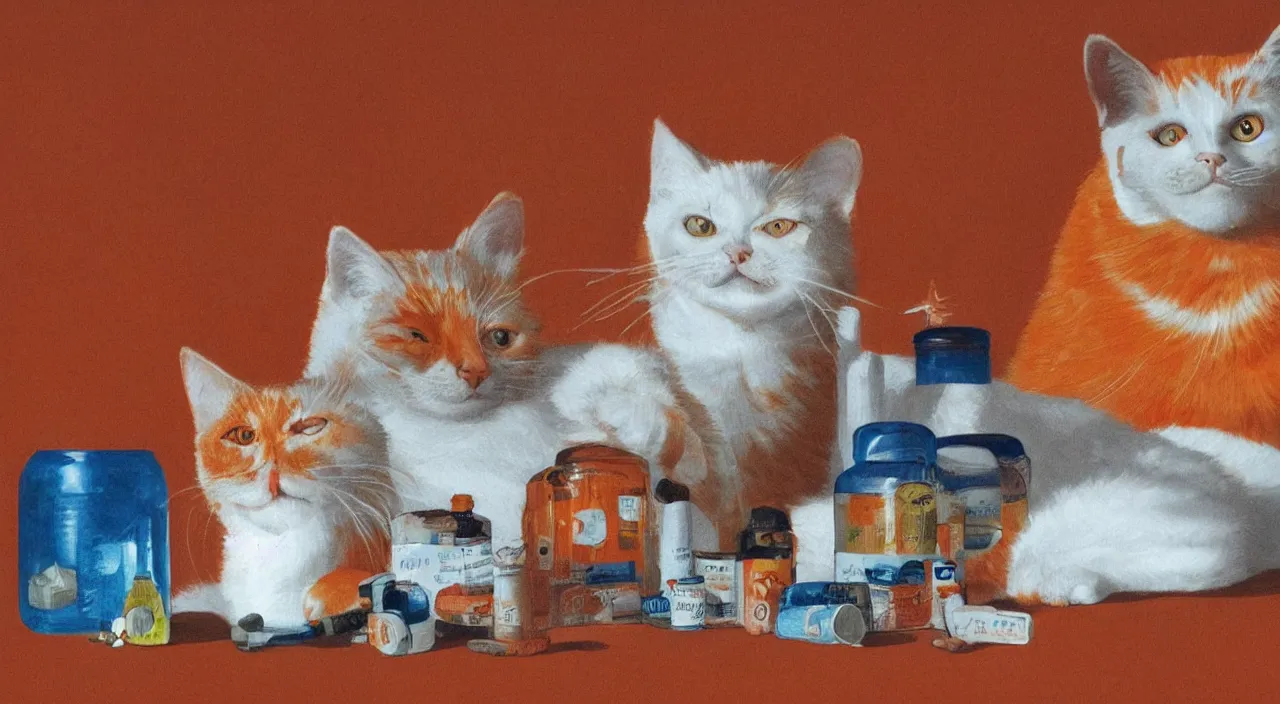 Prompt: An orange cat is smiling, 2 bottles of medicine next to the cat, hyper realistic, highly detailed, retrofuturism,