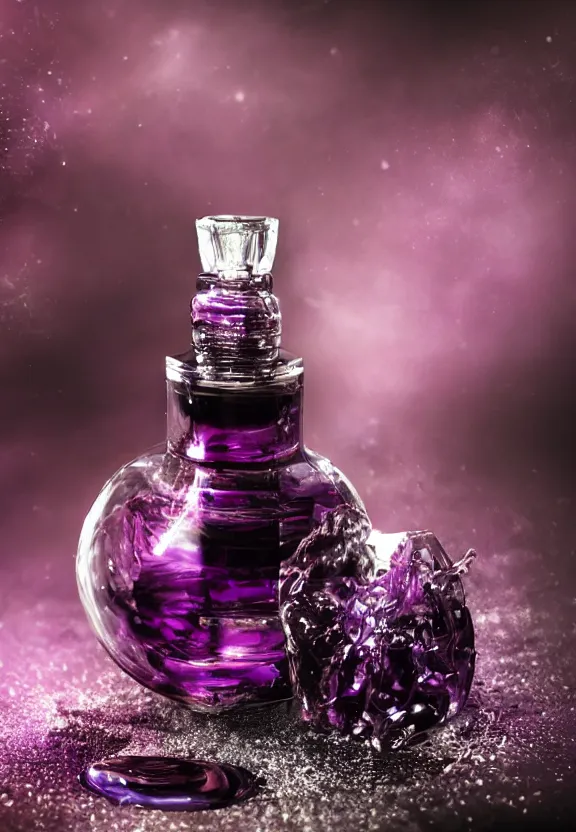 Image similar to close up shot of one premium perfume bottle containing purple liquid, the bottle is placed on a black table, the bottle is in the middle of the scene, purple dust in the background, dark cinematic lighting, spotlight, ultra detail, commercial, designer product, cinematic lighting, hd artstation, symmetrical, rendered, 4k