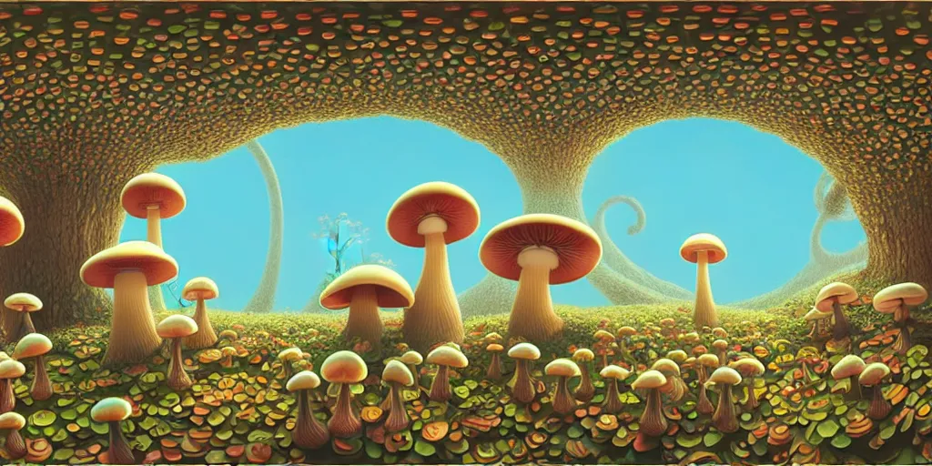 Image similar to depth matte, 360 degree equirectangular, anthropomorphic family of mushrooms, family portrait, Art Deco nature, mystical fantasy, Pixar cute character design, intricate art deco mushroom patterns, elegant, sharp focus, 360 degree equirectangular panorama, art by Artgerm and beeple and Greg Rutkowski and WLOP, 360 monoscopic equirectangular