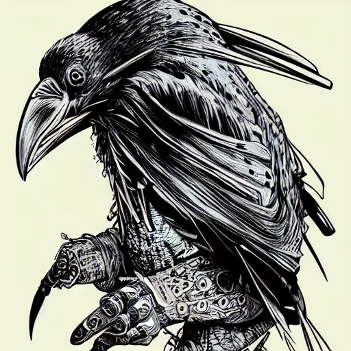 Image similar to “a Humanoid raven bounty hunter. Hyper detailed. Hyperrealism digital art in the style of Hard Boiled. Art by Geoff Darrow”