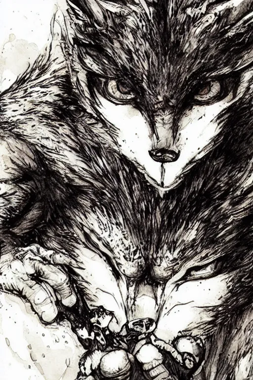 Image similar to A cute baby werewolf eating , pen and ink, intricate line drawings, by Yoshitaka Amano, Ruan Jia, Kentaro Miura, Artgerm, watercolor