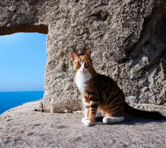 Image similar to a cat standing on a cliff overlooking a beach. hyper realistic and anamorphic 2 0 1 0 s movie still of giovanni falcone, by paolo sorrentino, leica sl 2 3 0 mm, beautiful color, high quality, high textured, lens flare, refined face and muzzle.