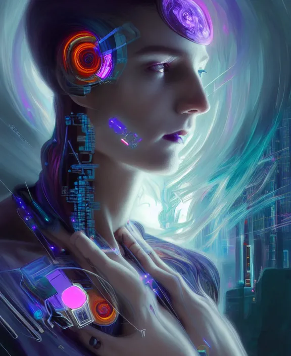 Image similar to a whirlwind of souls rushing inside the metaverse, hologram, half body, neurochip, shaved temple, piercing, jewelry, android, cyborg, cyberpunk face, by loish, d & d, fantasy, intricate, elegant, highly detailed, colorful, digital painting, artstation, concept art, art by artgerm and greg rutkowski and alphonse mucha