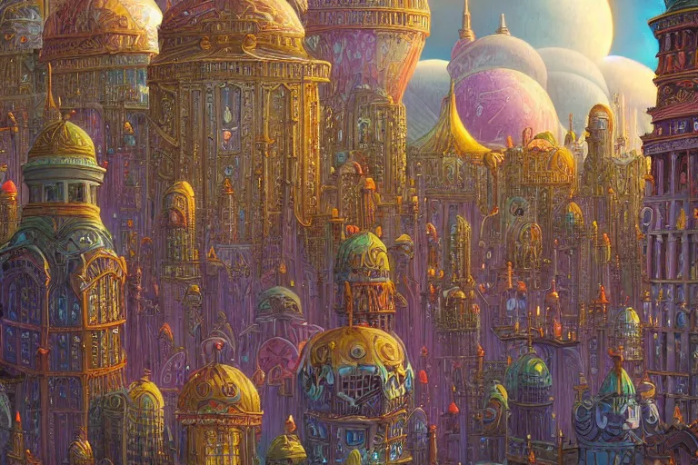 Prompt: Detailed render of Fantasy City built from White Domes by Michael Whelan and Benjamin Lacombe and Megan Duncanson, super details, colorful, ornate background, intricate details