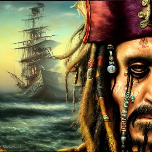 Image similar to a hyperrealistic illustration of Captain Jack Sparrow as Davy Jones, Face hybrid of Davy Jones and Jack Sparrow, Pirates of the Caribbean Ship with fractal sunlight in the Background, award-winning, masterpiece, in the style of Tom Bagshaw, Cedric Peyravernay, Peter Mohrbacher