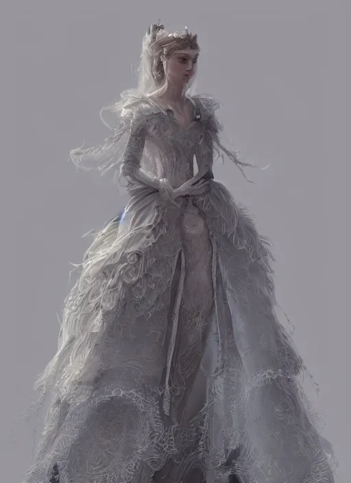 Prompt: detailed full body concept art illustration of a princess in fine clothing, ultra detailed, digital art, painterly, octane render, dystopian, micro detail, unreal engine, 4k