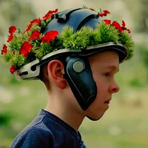 Image similar to movie still of a boy with a cyborg plants flowers helmet, cinematic composition, cinematic light, by edgar wright and david lynch
