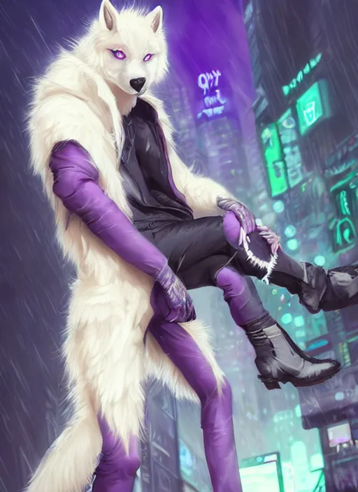 Image similar to award winning beautiful portrait commission of a male furry anthro albino wolf fursona with a tail and a cute beautiful attractive detailed furry face wearing stylish black, purple and yellow cyberpunk biker clothes in a cyberpunk city at night while it rains. Character design by charlie bowater, ross tran, artgerm, and makoto shinkai, detailed, inked, western comic book art